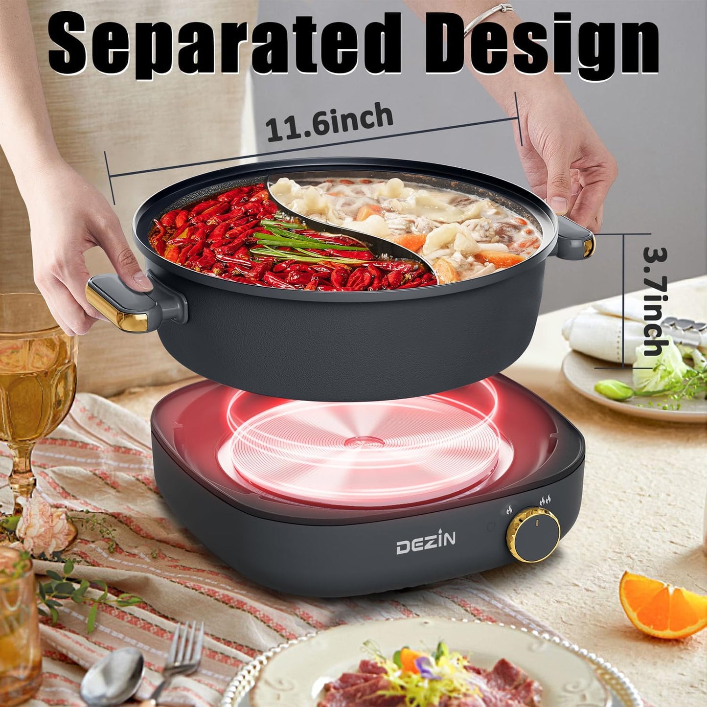 Dezin Hot Pot Electric with Divider, 4L Electric Shabu Shabu with Dual-Flavor Pot,3.7" Depth Nonstick Dual Side with Multi-Power Control for Party, Family and Friend Gathering