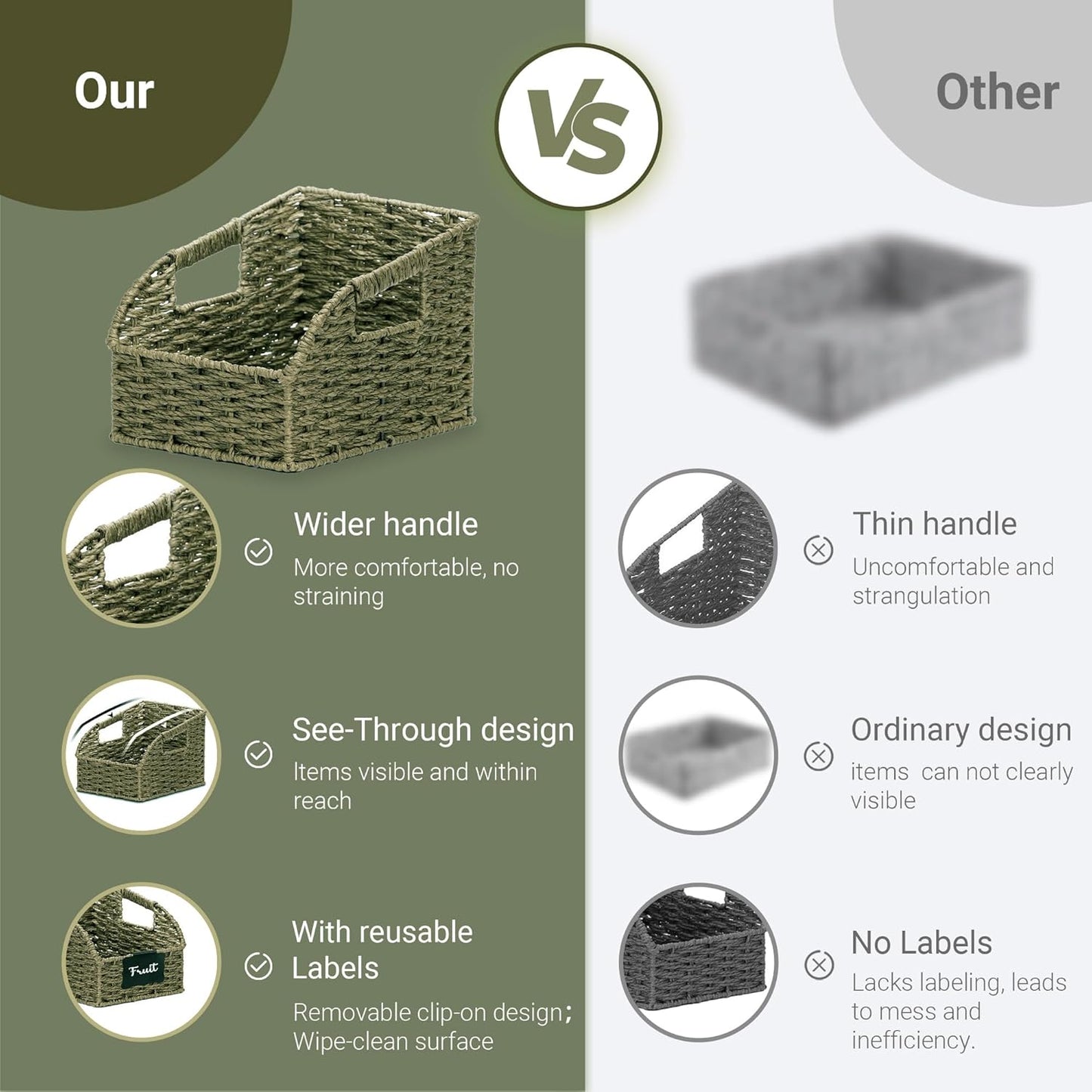 Wicker Baskets for Organizing,Pantry, Kitchen Counter with Handles, Handwoven Woven Storage Baskets for Fruit, Bread, Vegetable, Paper Storage Bins for Shelves, 3 Pack, Green