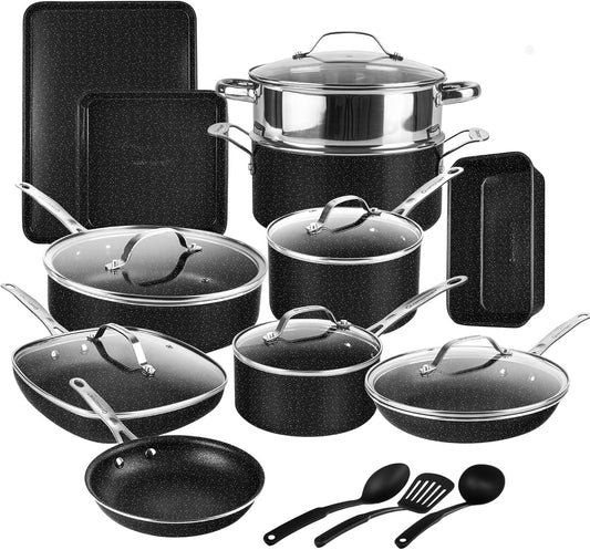 GRANITESTONE 20 Pc Complete Pots and Pans Set Non Stick Cookware Set with Deep Frying Pan Set, Bakeware, Steamer, Cooking Utensils, Non Toxic PFOA PFOS Free, Oven and Dishwasher Safe