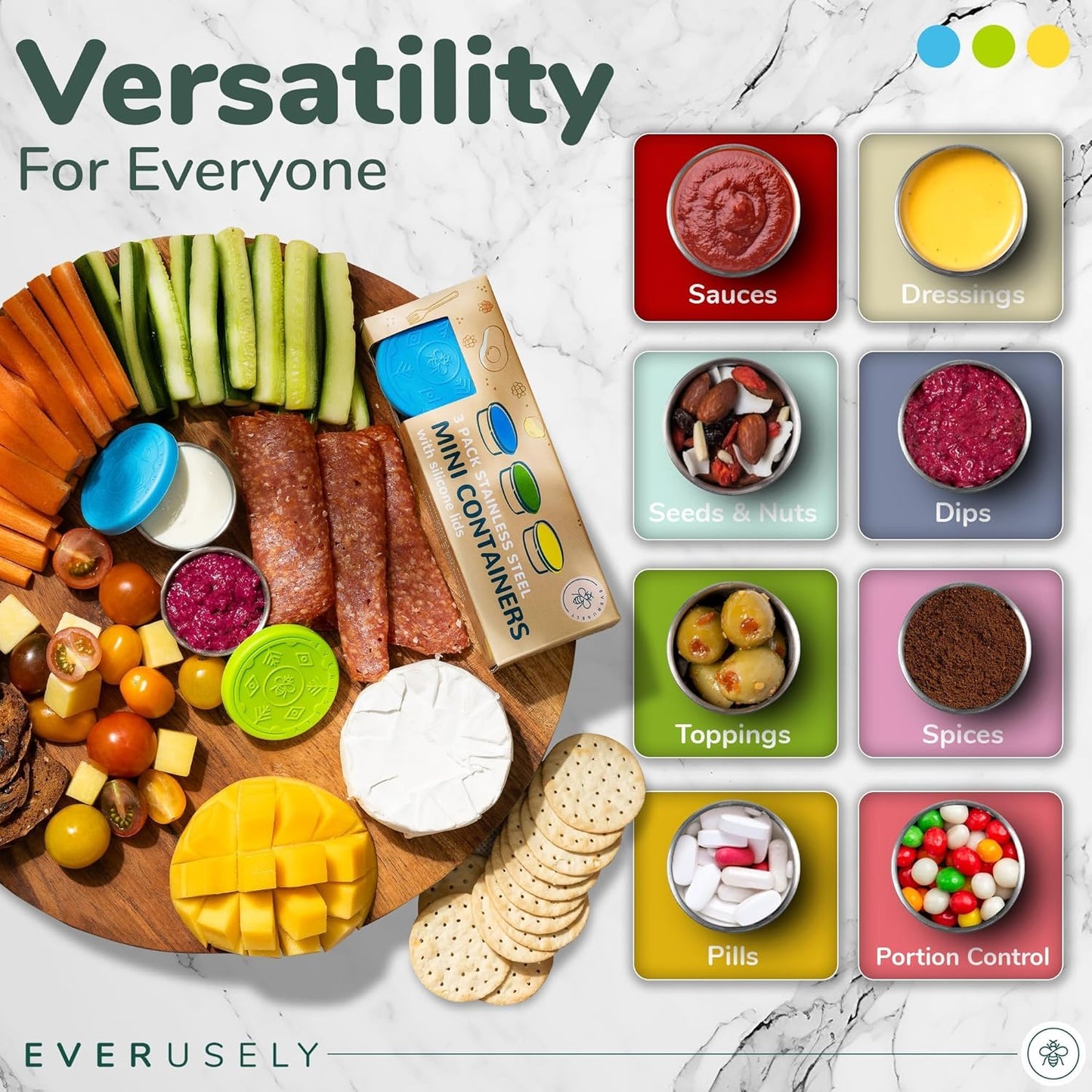 Everusely - Stainless Steel Food Containers - 3 Pack, Summer - Lunch Box - Snack Containers for Office, Home Food Storage - Leakproof with Silicone Lids - Dishwasher & Freezer Safe
