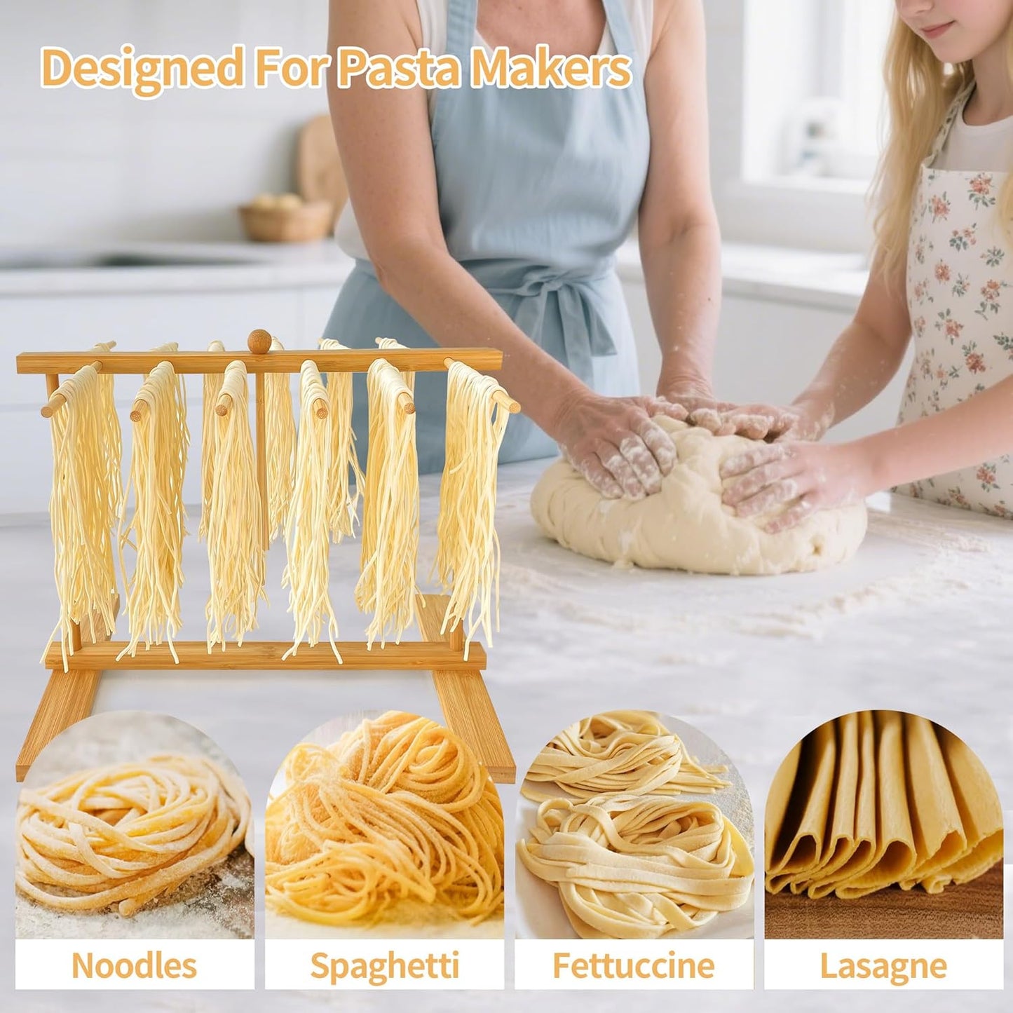 Bamboo-Pasta-Drying-Rack with Transfer Wand & 12 Arms, Large Collapsible Fresh Pasta Dryer Holder for Homemade Noodle, Spaghetti, Tagliatelle, Detachable Fettuccine Hanger Stand with 12 Bars
