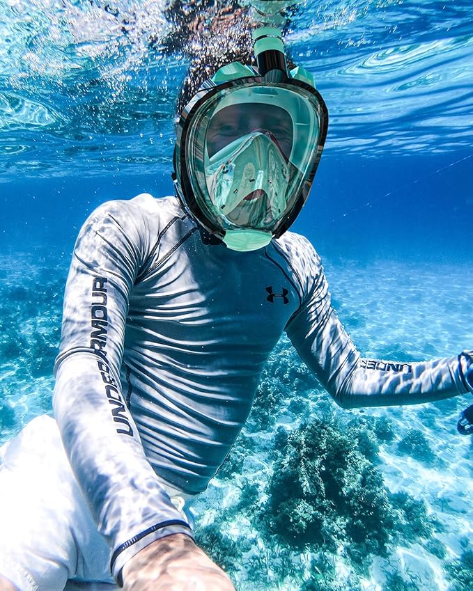 QingSong Full Face Snorkel Mask for Adults, Snorkeling Gear with Camera Mount, 180 Degree Panoramic View Snorkel Set Anti-Fog Anti-Leak