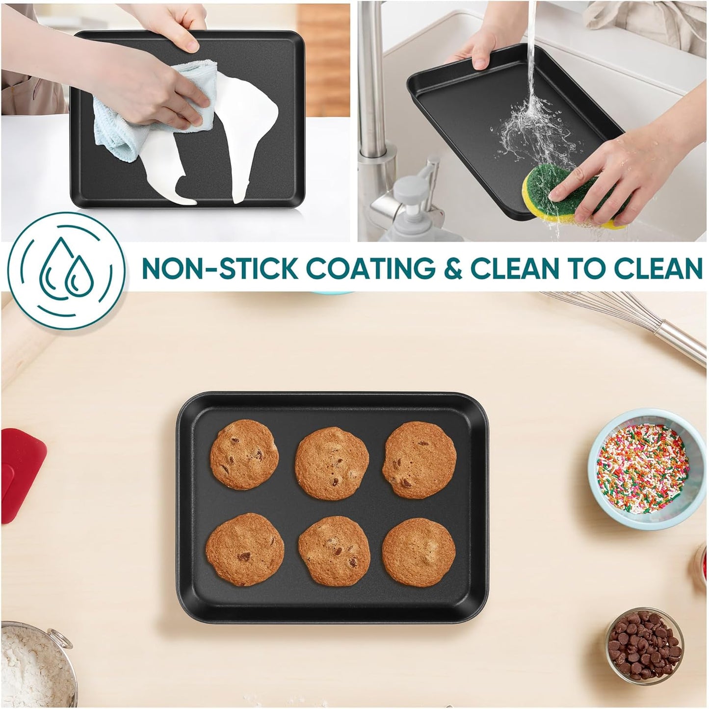 E-far Baking Sheet Set of 2, 10.5" x 8" x 1" Cookie Sheet Pan for Baking, Nonstick Carbon Steel Baking Trays for Toaster Oven, Heat-Resistant & Easy Clean, Black