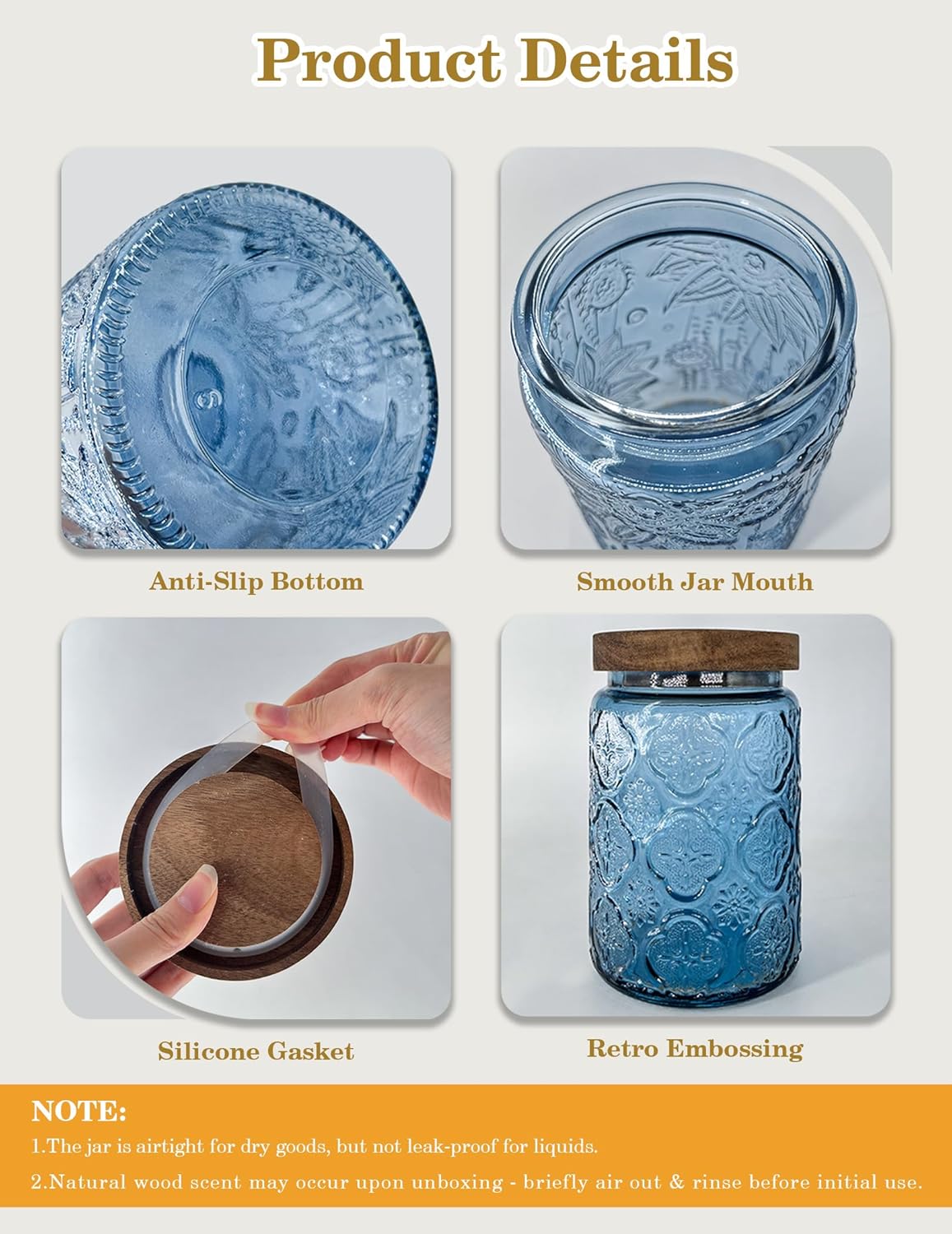 Glass Jars with Airtight Wood Lids – 24 OZ Kitchen and Pantry Canisters Sets, Decorative Vintage Storage Containers for Candy, Coffee, Cookie, Cereal, Flour, Sugar, Tea, Set of 4 Sunflower