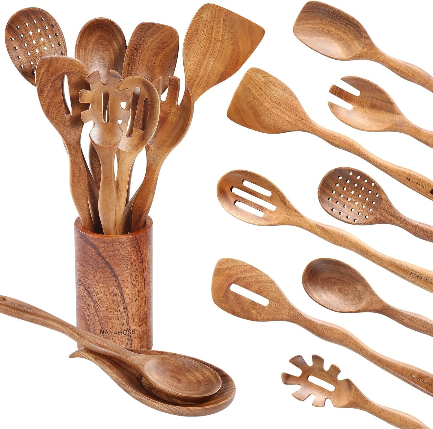 Wooden Spoons for Cooking with Holder,10Pcs Wooden Kitchen Utensil Set Non stick, Non Scratch Natural Teak Wooden Utensils for Cooking