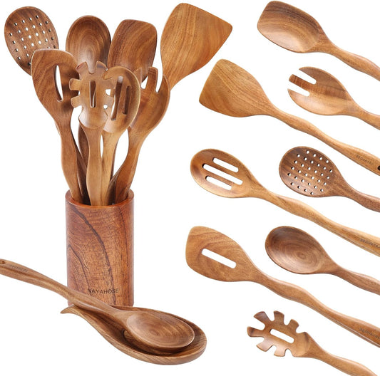 Wooden Spoons for Cooking with Holder,10Pcs Wooden Kitchen Utensil Set Non stick, Non Scratch Natural Teak Wooden Utensils for Cooking