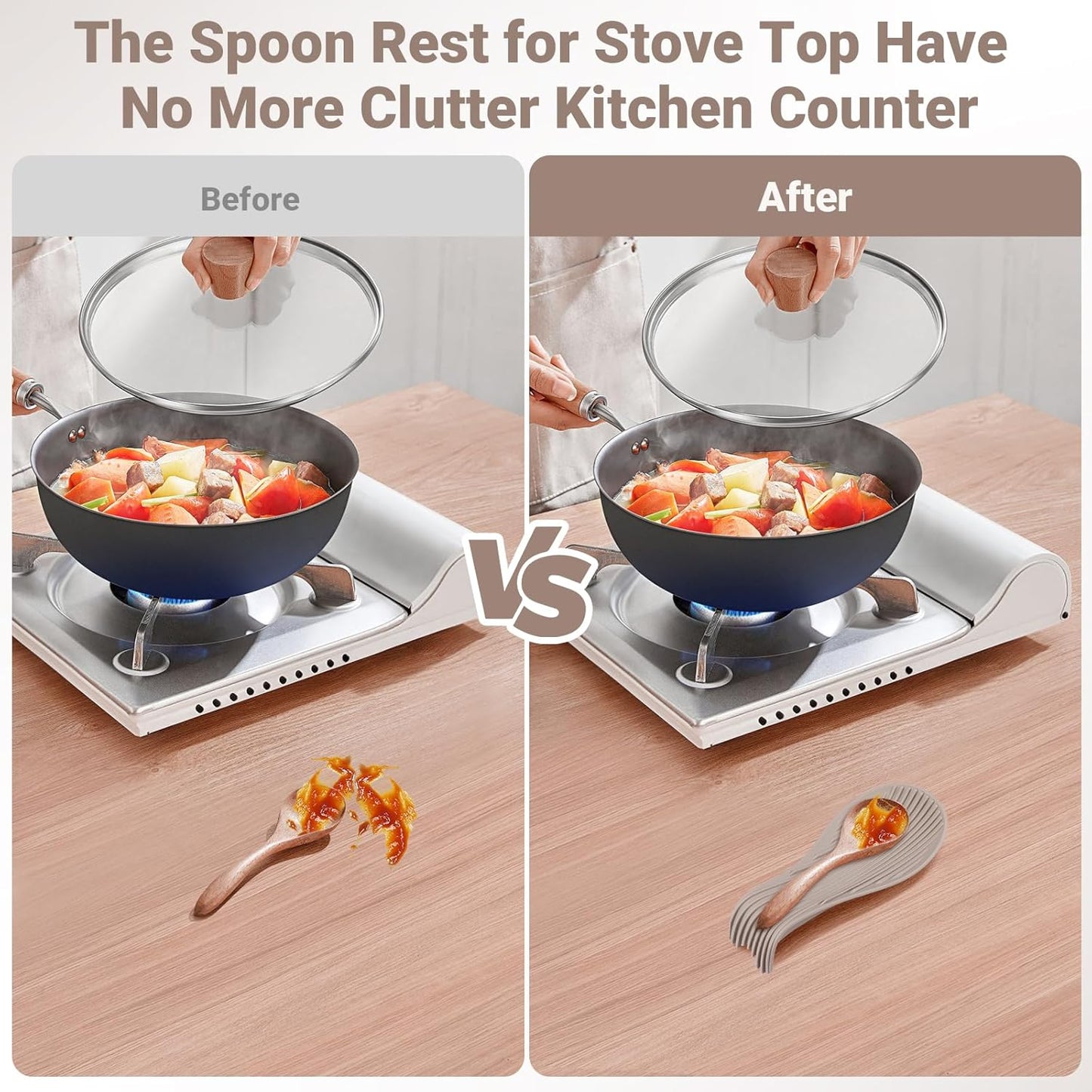 Heat Resistant Silicone Spoon Rest, Non-Slip Spoon Holder for Kitchen Counter, Silicone Spoon Rest for Stove Top for Spoons, Spatulas, Ladles, Tongs (Khaki)