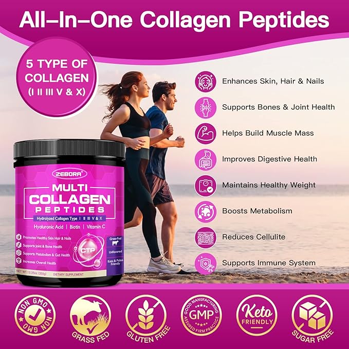ZEBORA Multi Collagen Peptides Powder - Hydrolyzed Collagen Type I II III V X with Hyaluronic Acid, Biotin, Vitamin C - Support Skin Hair Nail Joints, Non-GMO, Unflavored, Keto Friendly
