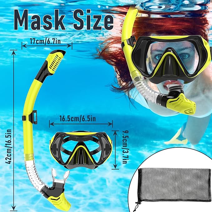 Snorkeling Gear, Dry Snorkel Set180° Panoramic Wide View,Anti-Fog Scuba Diving Mask, Professional Snorkeling Gear for Free Breathing, Swimming, Diving