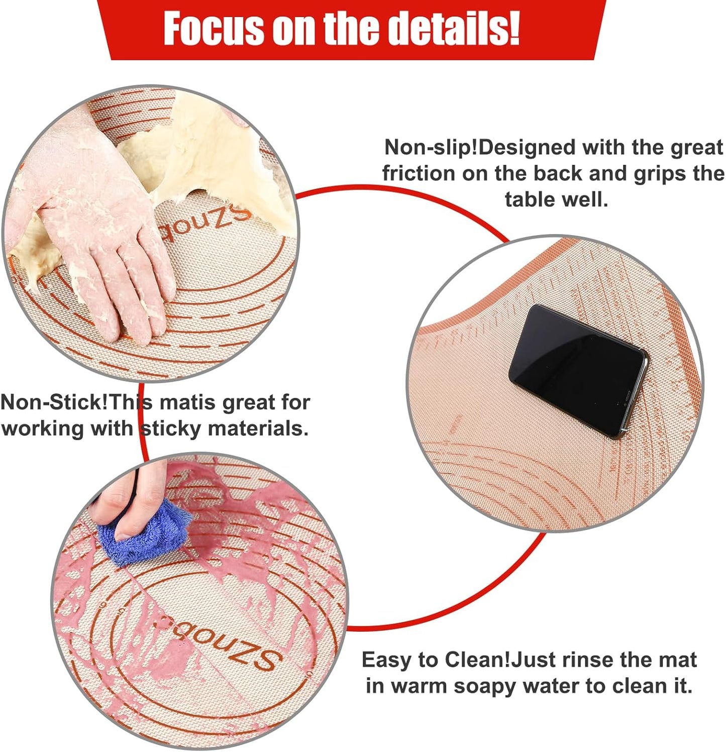 Silicone Pastry Mat 34X26 Inch Nonstick Baking Mat with Measurement, Perfect for Dough Mat, Pastry Board, Kitchen Counter Mat, For Dough, Pie Crust, Fondant, Pasta/Pizza, Red