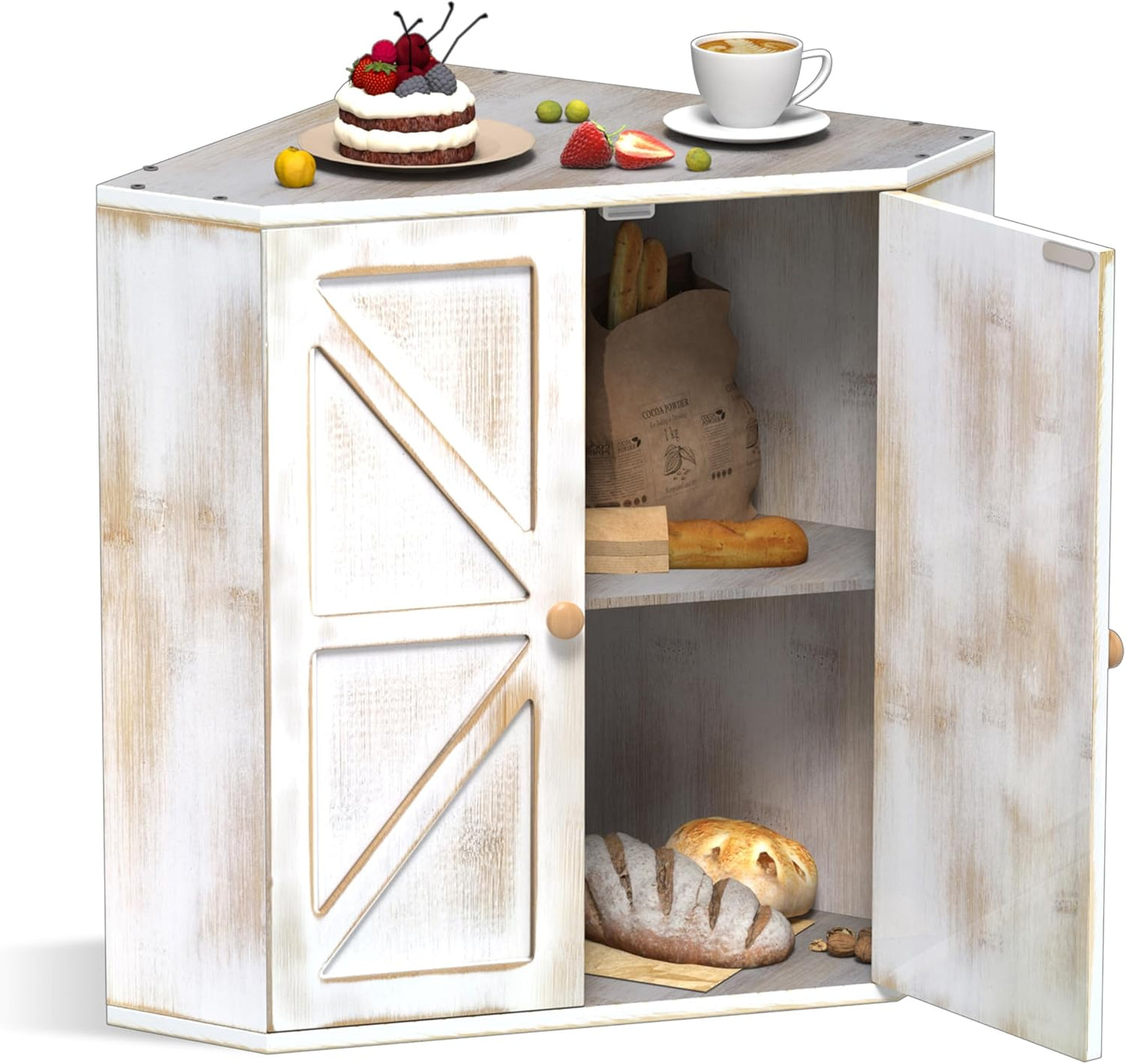 Corner Bread Box for Kitchen Counter Double Layer Bamboo Bread Storage Container Large Capacity Bread Storage Bin Farmhouse Breadbox Organizer