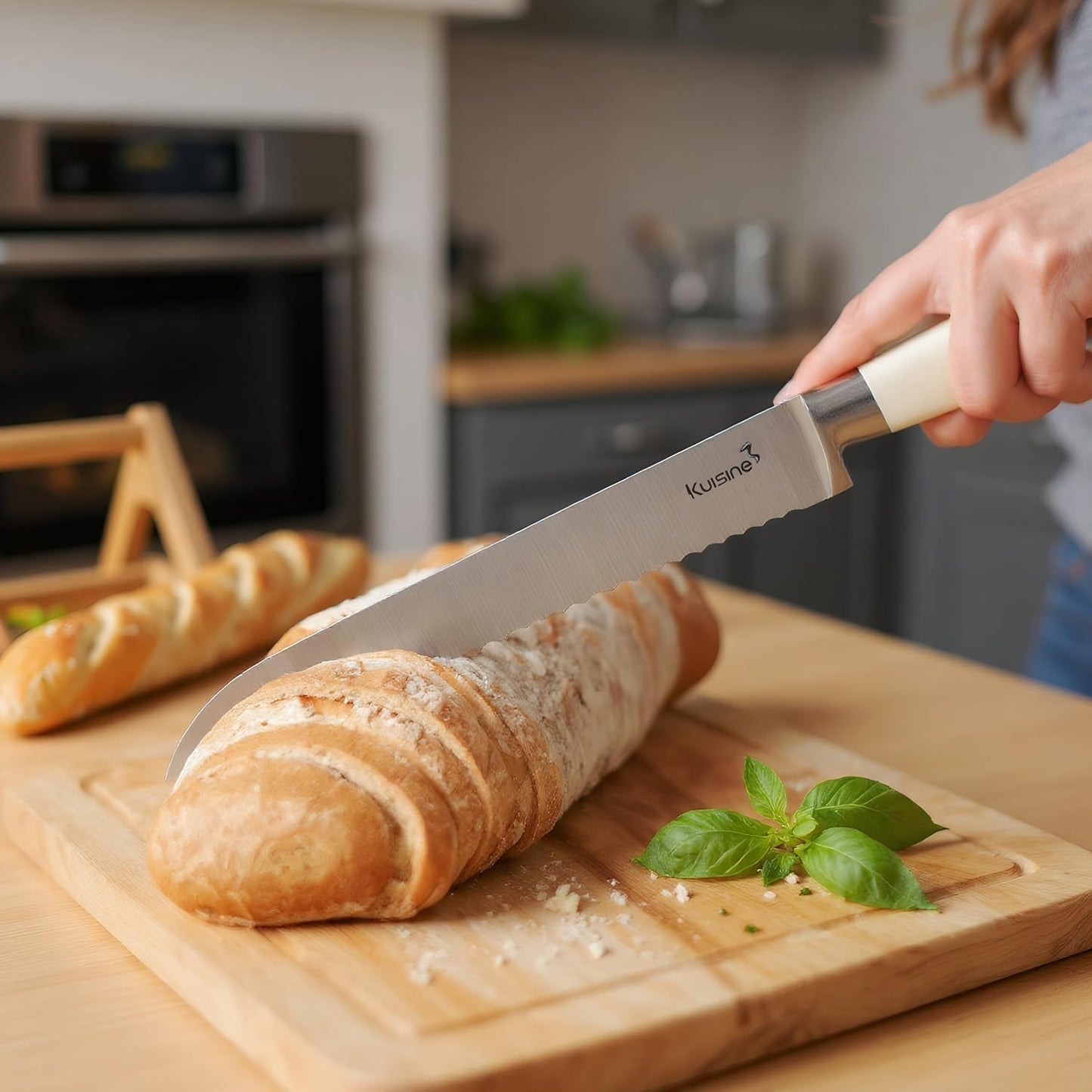 KUISINE Knife Set High Carbon Stainless Steel Sharper Blade Ergonomic Handle,Knife Block Set with Built-in Sharpener 2025 Upgraded (Ivory Pro Acacia,15PCS)