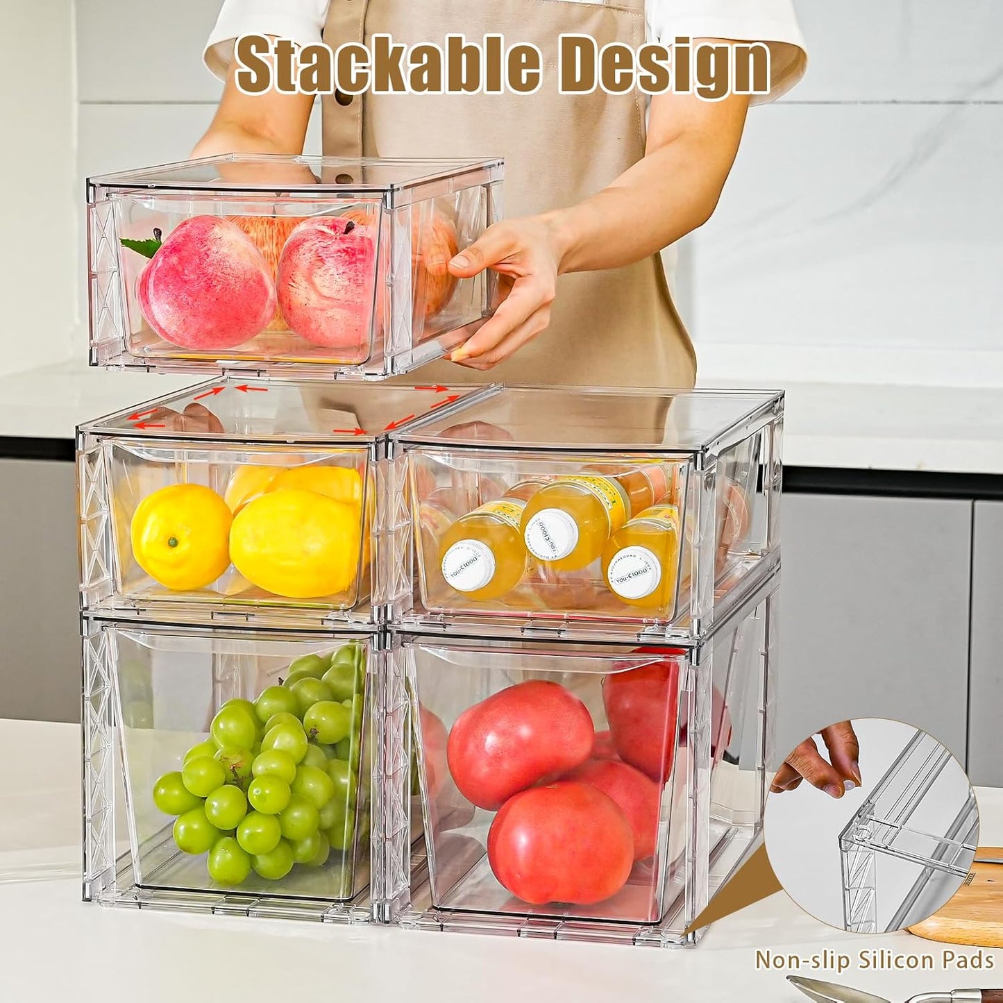 4Pack Stackable Kitchen Storage Organizer, Pantry Organizers and Storage, Clear Foods Organizer Bins with Handles, Easily Assemble for Bathroom, Kitchen, Pantry, Cabinet, Closet