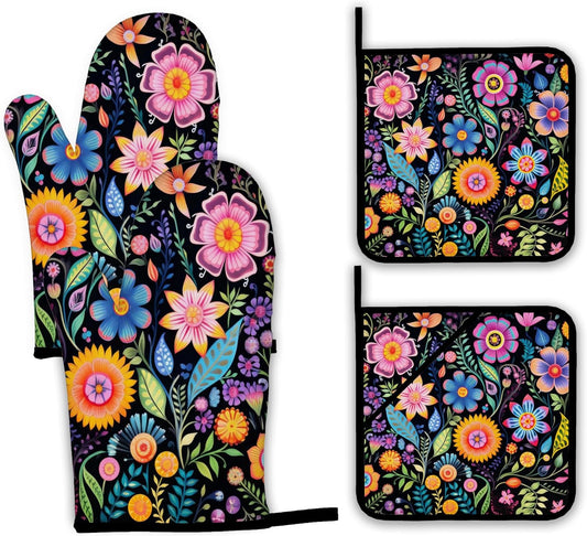 Vintage Hippie Flower Oven Mitts and Pot Holders,Heat Resistant Oven Mitts Gloves and Pot Holder for Home Kitchen Decorations Cooking Baking BBQ Gifts,Set of 4