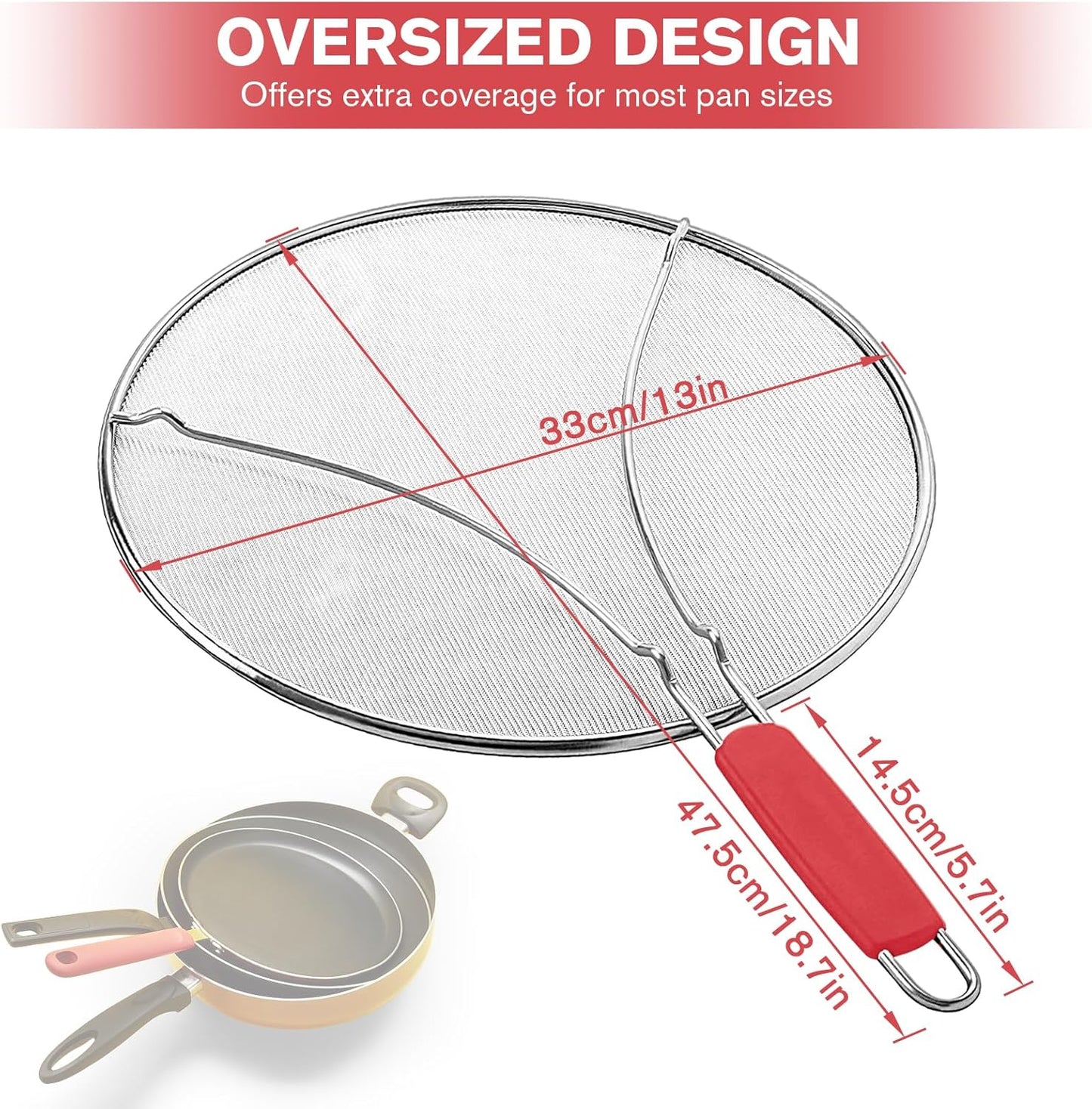 Splatter Screen for Frying Pan & Food Strainer,13 Inch Stainless Steel Grease Splatter Guard,Shield from Splashing Oil, Dishwasher Safe(Red)