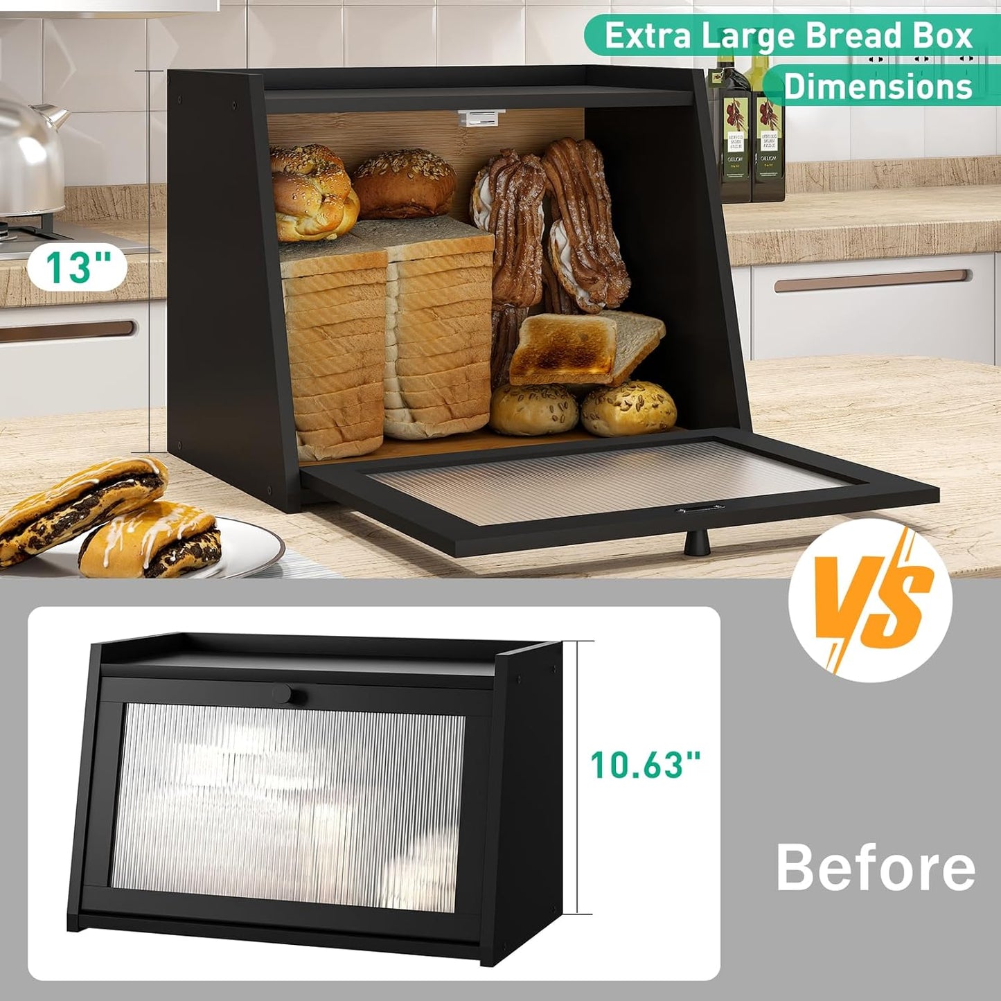 Large Bread Box for Kitchen Counter, Black Bamboo Bread Storage Container with Wavy Arcylic Transparent Door, Bamboo Wooden Farmhouse Bread Box for Your House