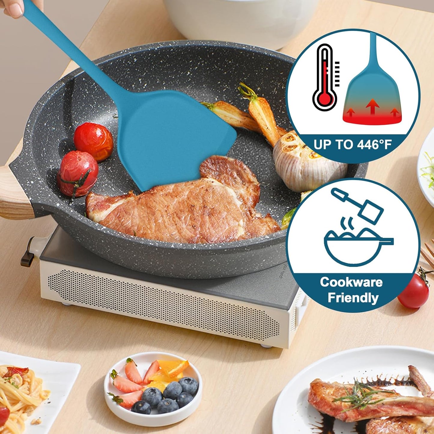 TeamFar Silicone Spatulas Set of 2, Solid & Slotted Cooking Turner for Non-stick Cookware, for Flipping/Turning/Frying, Healthy & Seamless, Heat-Resistant & Non-Scratch, Dishwasher Safe, Dark Blue