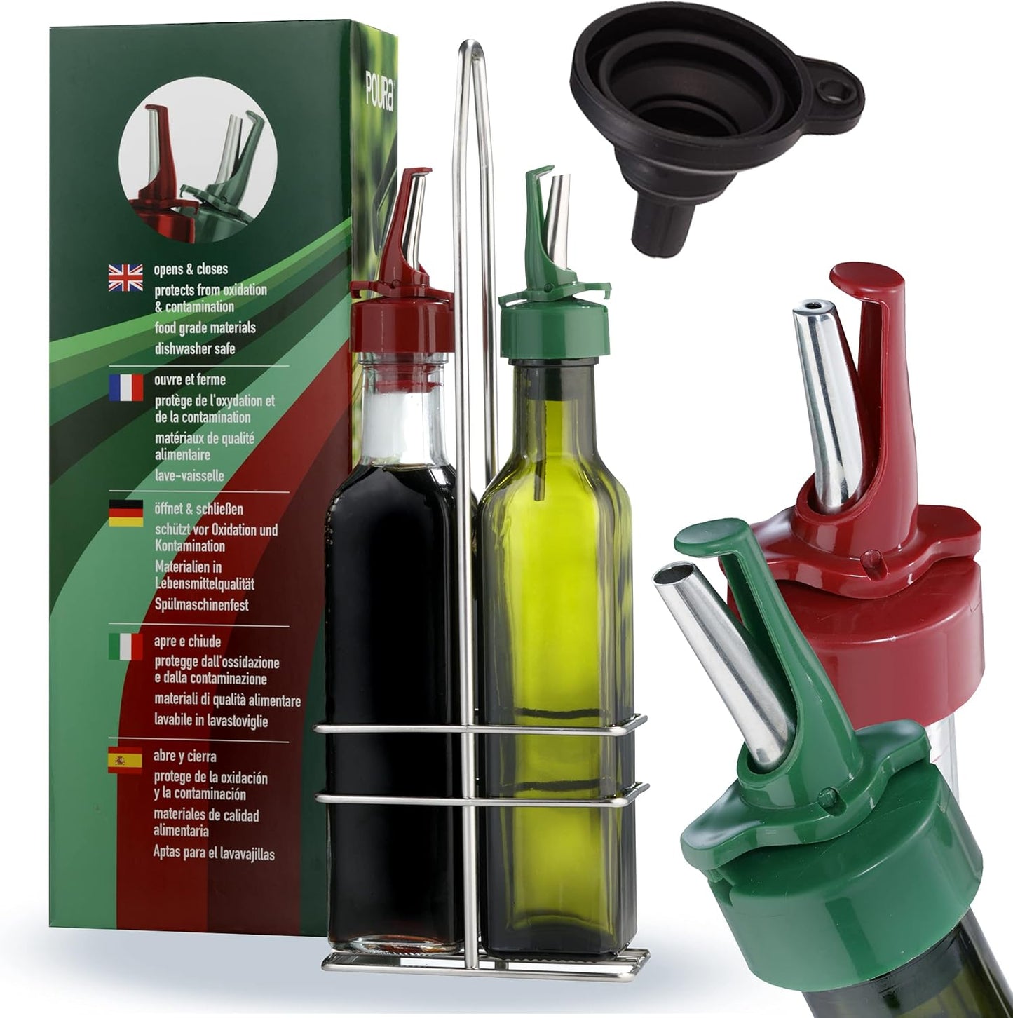 Poura Vinegar and Olive Oil Bottle Drizzler Set with Unique ClickSeal Pour Spouts | Glass Oil & Vinegar Dispenser Bottles for Cooking Kitchen Dining | Hygienic Covers + Silicone Decanter Funnel 250ml