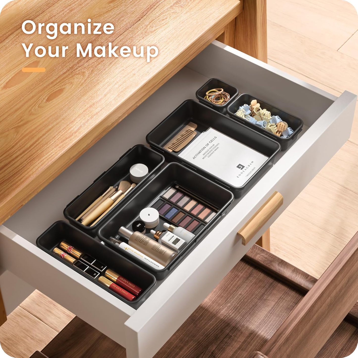 A-LuGei 【28PCS】 Drawer Organizer, Bathroom Organizers and Storage, Makeup organizer, Desk drawer organizer, Storage Bins for Kitchen Office Bedroom Vanity Jewelry Pantry Garage【Black】【4Size】