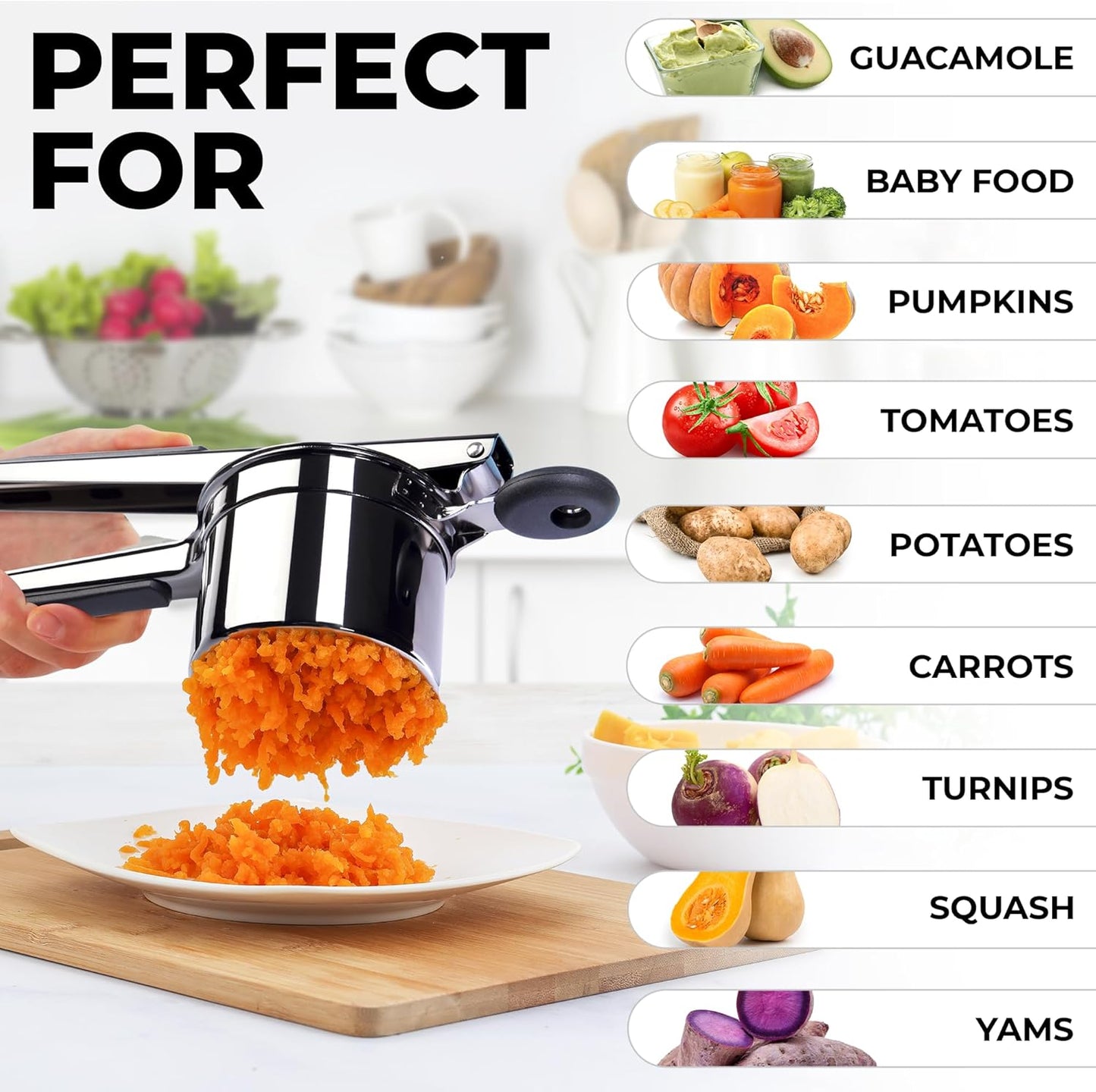 Zulay Kitchen Large 15oz Potato Ricer, Heavy Duty Stainless Steel Potato Masher and Ricer for Mashed Potatoes, Mashed Potato Masher & Potato Press Gadget for Perfect Mashed Potatoes - Metallic Black