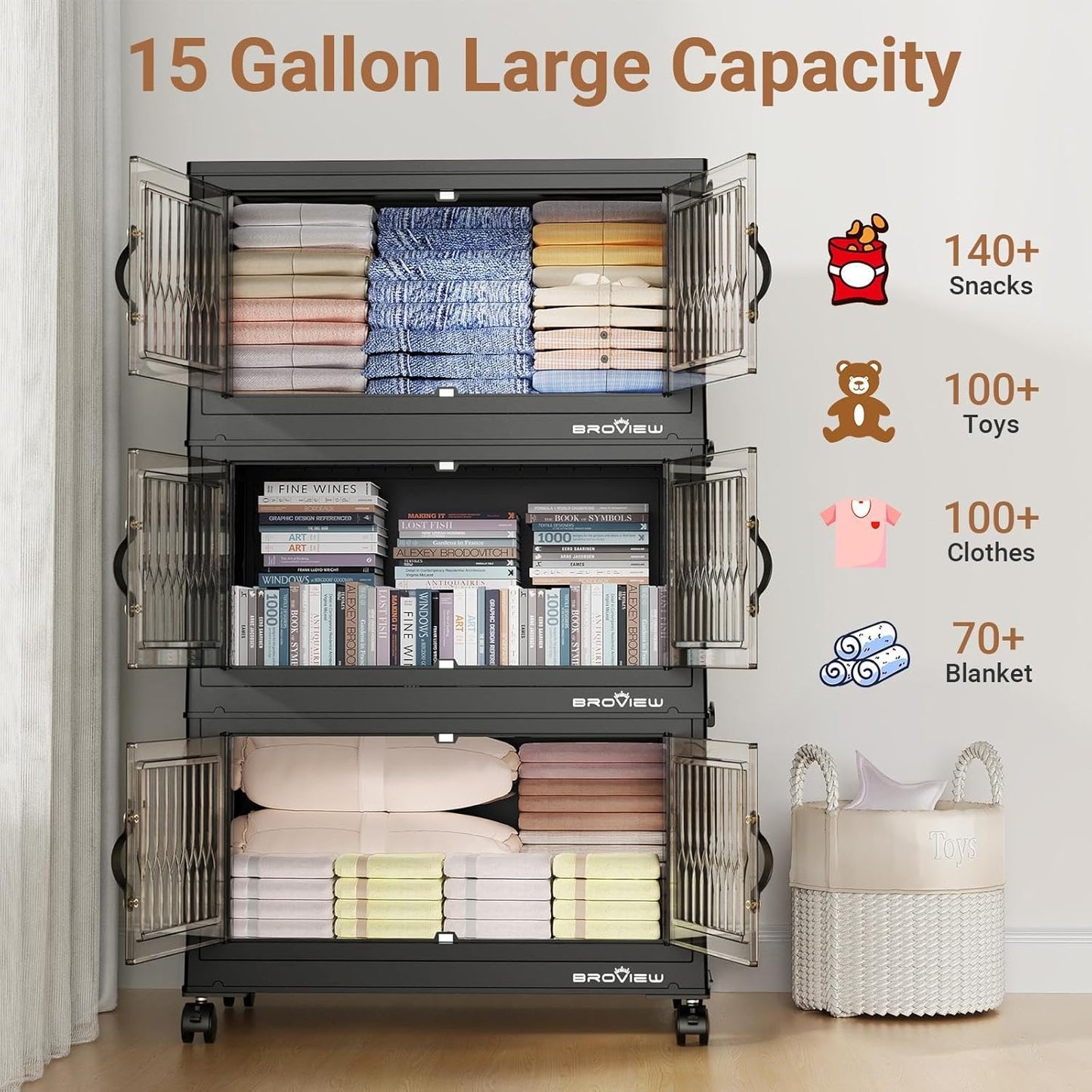 300Qt Stackable Storage Bins with Lid, Extra Large Closet Organizer Collapsible Drawer Boxes with Wheels, Folding Plastic Cabinet Containers for Home Kitchen Room Organization, 5Pack Black