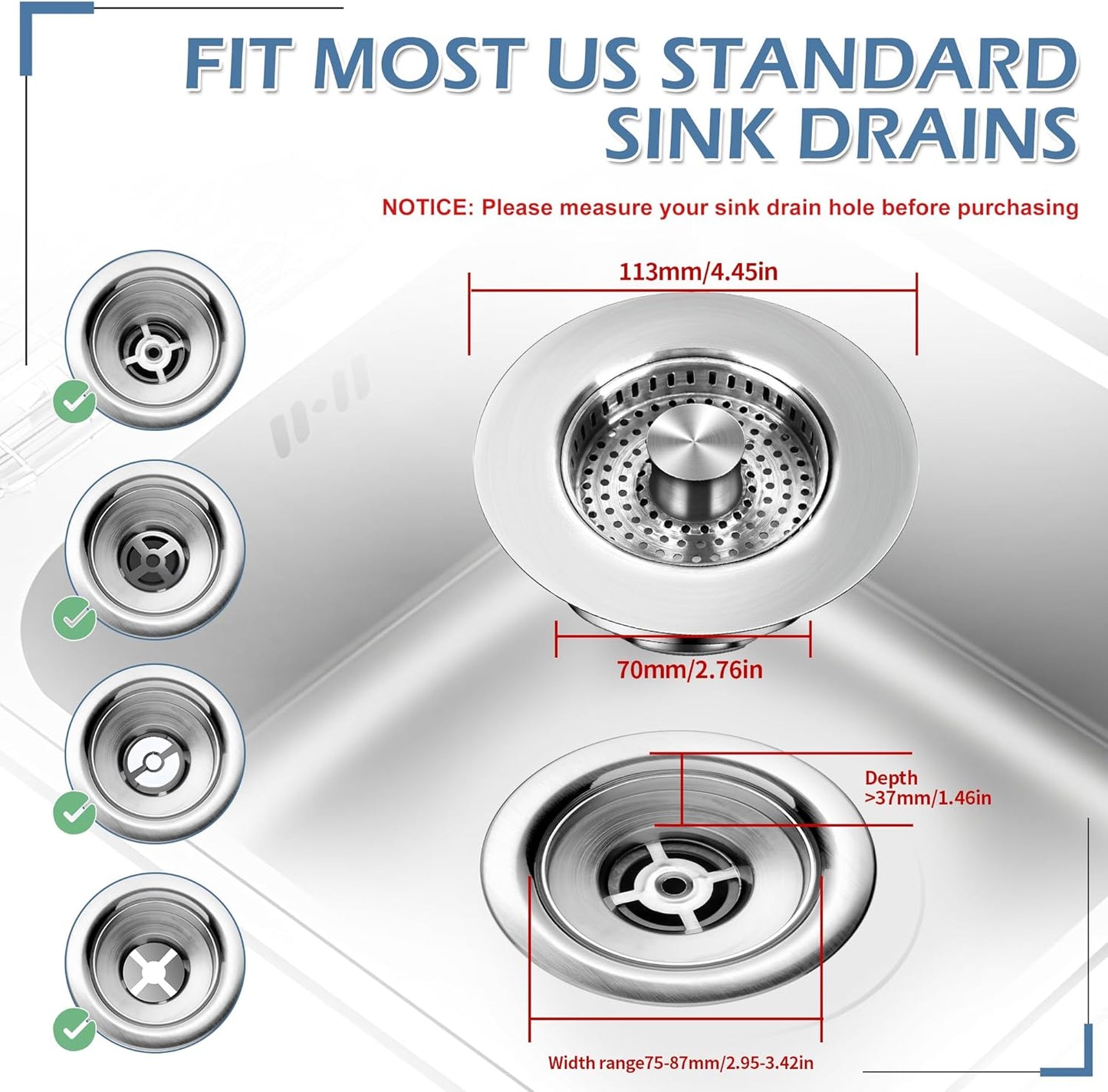 3 in 1 Kitchen Sink Drain Strainer ，304 Stainless Steel Kitchen Sink Stopper and Basket,Long-Term Water Storage，Bass Bounce Core，General，Filter for Standard 3-1/2 inch Drain