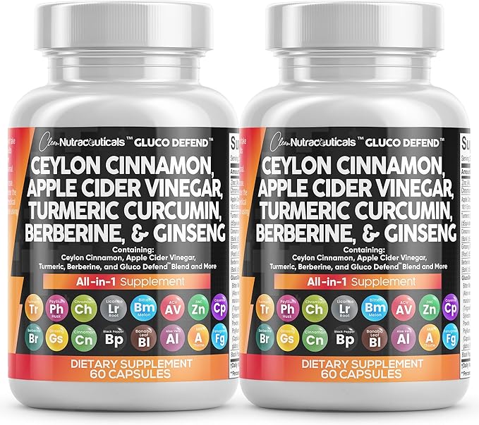 Clean Nutraceuticals Ceylon Cinnamon Turmeric Apple Cider Vinegar Ginseng Berberine Plus Bitter Melon Gymnema Milk Thistle Fenugreek - 2Pack