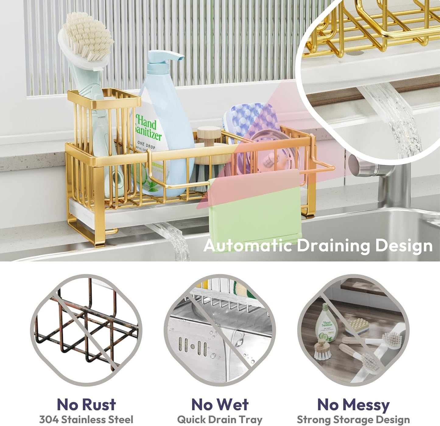 SWTYMIKI Sponge Holder for Kitchen Sink - Sink Caddy with Brush Holder Self-draining Sponge Caddy Organizer with Divider Stainless Steel Kitchen Accessories Storage for Countertop, Gold