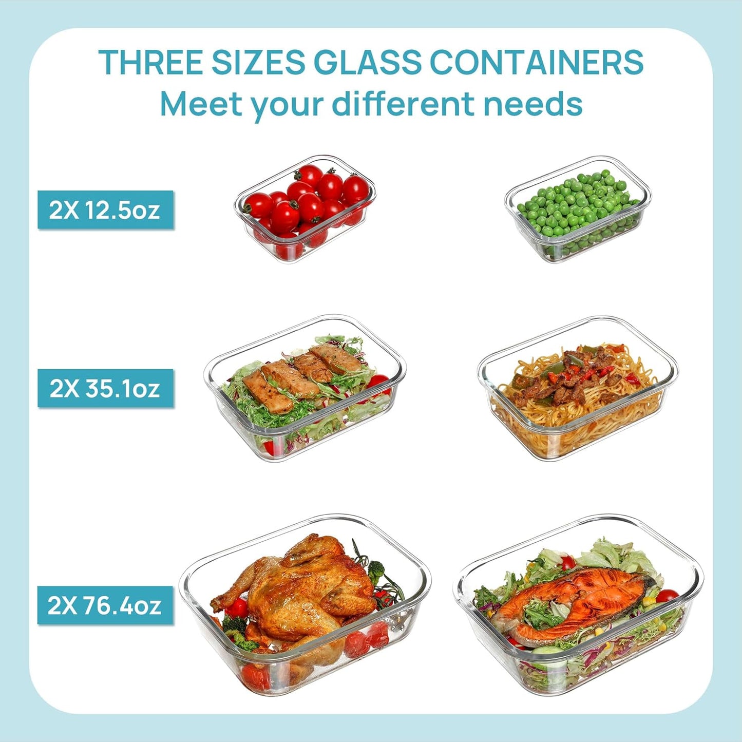 Vtopmart 2.26L/76oz Extra Large Glass Food Storage Containers with Lids, 6 pack Meal Prep Container Set, Airtight Lunch Boxes with Snap Locking Lids for Microwave, Oven, Freezer, Dishwasher