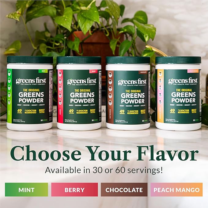 Greens First Original Greens Powder - 49 Superfoods - Organic Fruits & Veggies - Prebiotics, Probiotics & Digestive Enzymes - Antioxidant Smoothie - Dairy Free, Vegan, Non-GMO (Chocolate, 30 Servings)