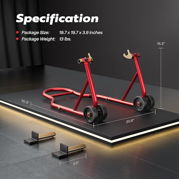SPECSTAR Motorcycle Stand, 441 Lbs Capacity Rear Wheel Lift with U+L Adjustable Swingarm Spool, Heavy Duty Paddock Stand for BMW Suzuki Yamaha Honda Kawasaki, Red