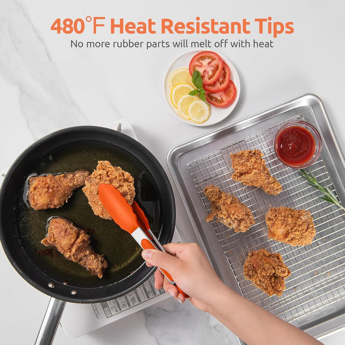 Heat Resistant Silicone Kitchen Tong: U-Taste 9 inch 480ºF Hot Proof Cooking Tong with Firm Sealed Non Stick Rubber Tips & Silicon Coated Steel Handle & Smooth Locking for Serving Grill Salad (Orange)