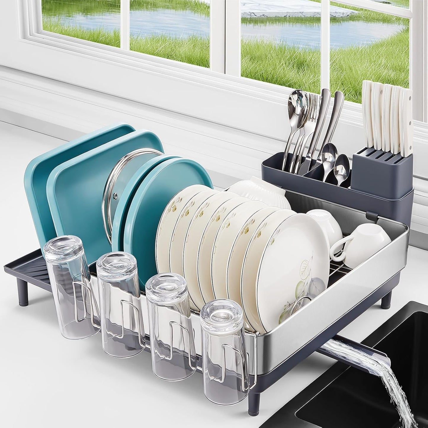 FOHERE Large Dish Drying Rack, Expandable Dish Rack, Stainless Steel Dish Rack for Kitchen Counter, Anti-Rust Dish Drainer with Cutlery & Cup Holders for Dishes, Knives, Spoons and Forks, Grey