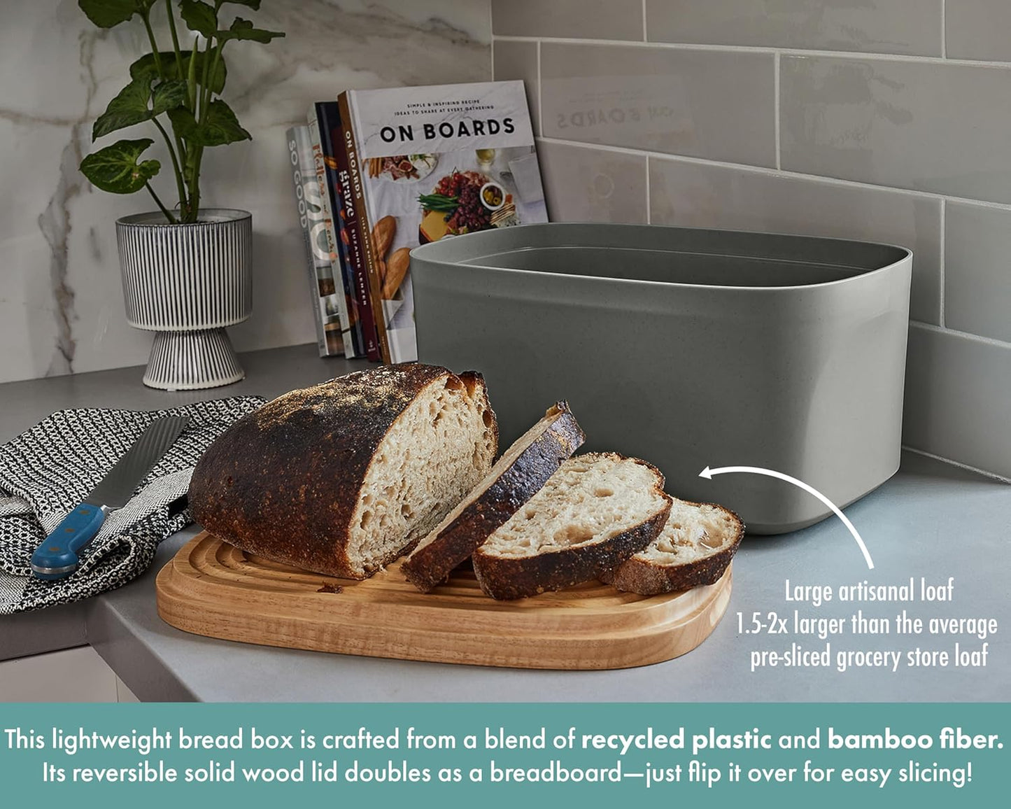 Sonder Los Angeles, Modern Bamboo Fiber and Recycled Plastic Bread Box (Charcoal) for Kitchen Countertop with Reversible Cutting Board Lid, Homemade Bread Bin Storage Container 14.25 x 9.25 x 7 in