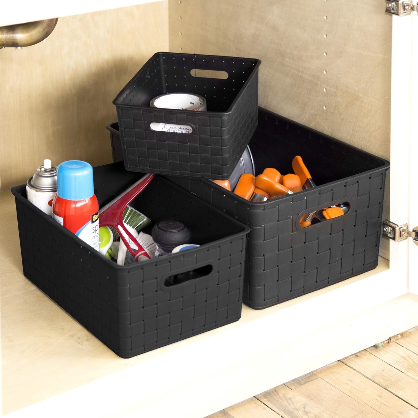 BINO | Plastic Basket, Large - Black | 3 Pack | THE STABLE COLLECTION | Multi-Use Storage Basket | Rectangular Cabinet Organizer | Home & Office Storage Organizer | Baskets for Bathroom Organizing