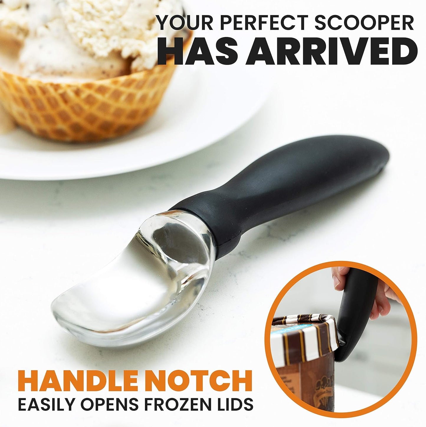 Spring Chef 18/8 Stainless Steel Ice Cream Scoop with Soft Grip Handle - Heavy Duty Ice Cream Scooper for Gelato, Sorbet, Cookie Dough, Melon, Sundae - Dishwasher Safe Kitchen Tool - Black