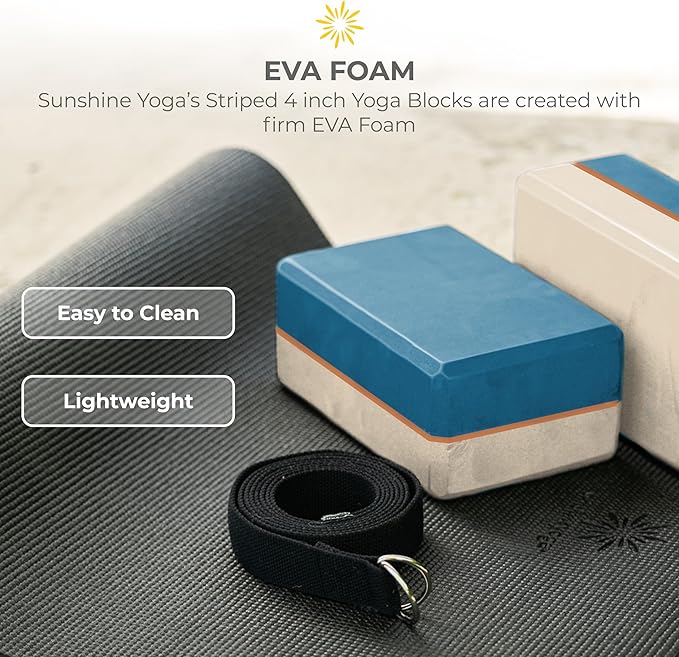 Sunshine Yoga 4" Striped Yoga Block, 10 Pack Bulk EVA Foam Yoga Blocks, Firm and Supportive Yoga Brick, Balance Foam for Stretching, Pilates, and Workout, 4" x 6" x 9"