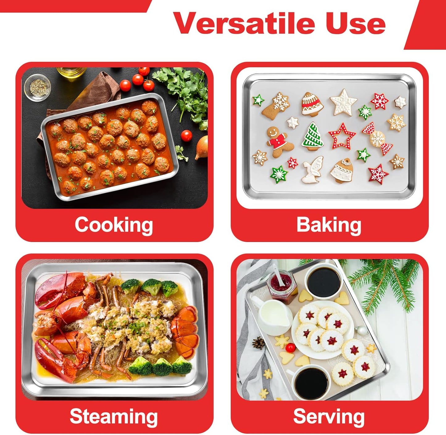 Baking Sheets for Oven, Stainless Steel Cookie Sheet Baking Pan Toaster Oven Tray 10 x 8 x 1 Inch, Easy Clean & Non-stick & Dishwasher Safe