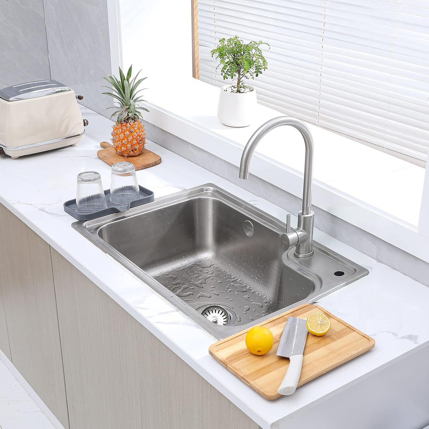 Silicone Bathroom Soap Dishes with Drain Spout-Bathroom and Kitchen Sink Organizer,Sponge Holder,Dish Soap Tray,Perfect for Dispenser,Scrubber,Bottle,Cup on Sink or Counter-Grey 9.6"×5.3"