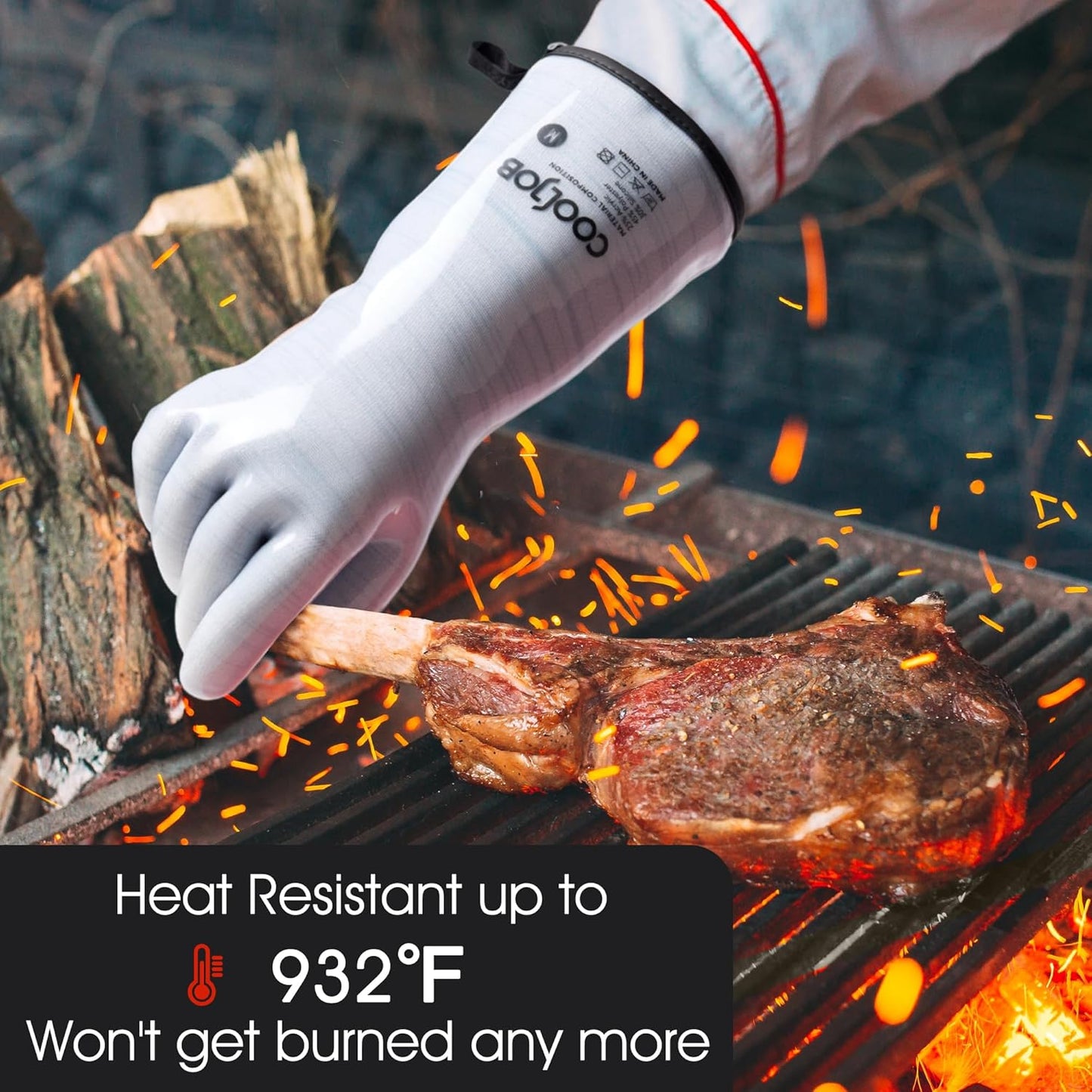 COOLJOB Heat Resistant Oven Gloves, Waterproof Liquid Silicone BBQ Grilling Gloves for Barbecue, Kitchen Cleaning, Baking, Blue, Medium