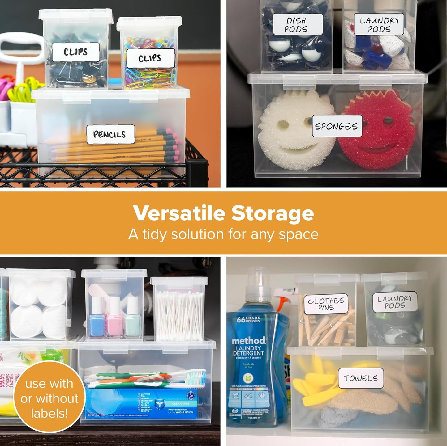 Bostitch Konnect Storage Containers with Lids, Organizer, Clear Plastic Box, Stackable Nesting Bins, Large, 2 Pack