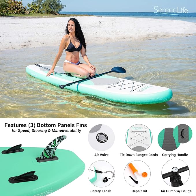 SereneLife Inflatable Stand Up Paddle Board with Premium SUP Accessories – Wide Stable Design with Non-Slip EVA Deck Pad for Adults and Youth of All Skill Levels