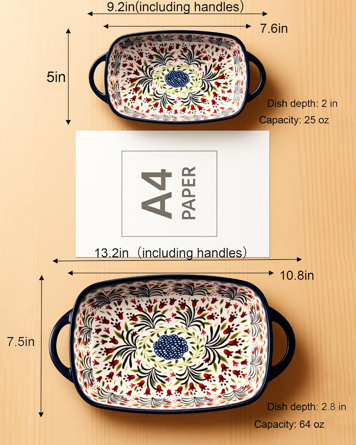 Polish Pottery Style Ceramic Baking Dish Set of 2 – Decorative Casserole Dishes with Handles, Cute Oven-Safe Lasagna Bakeware Gift Set