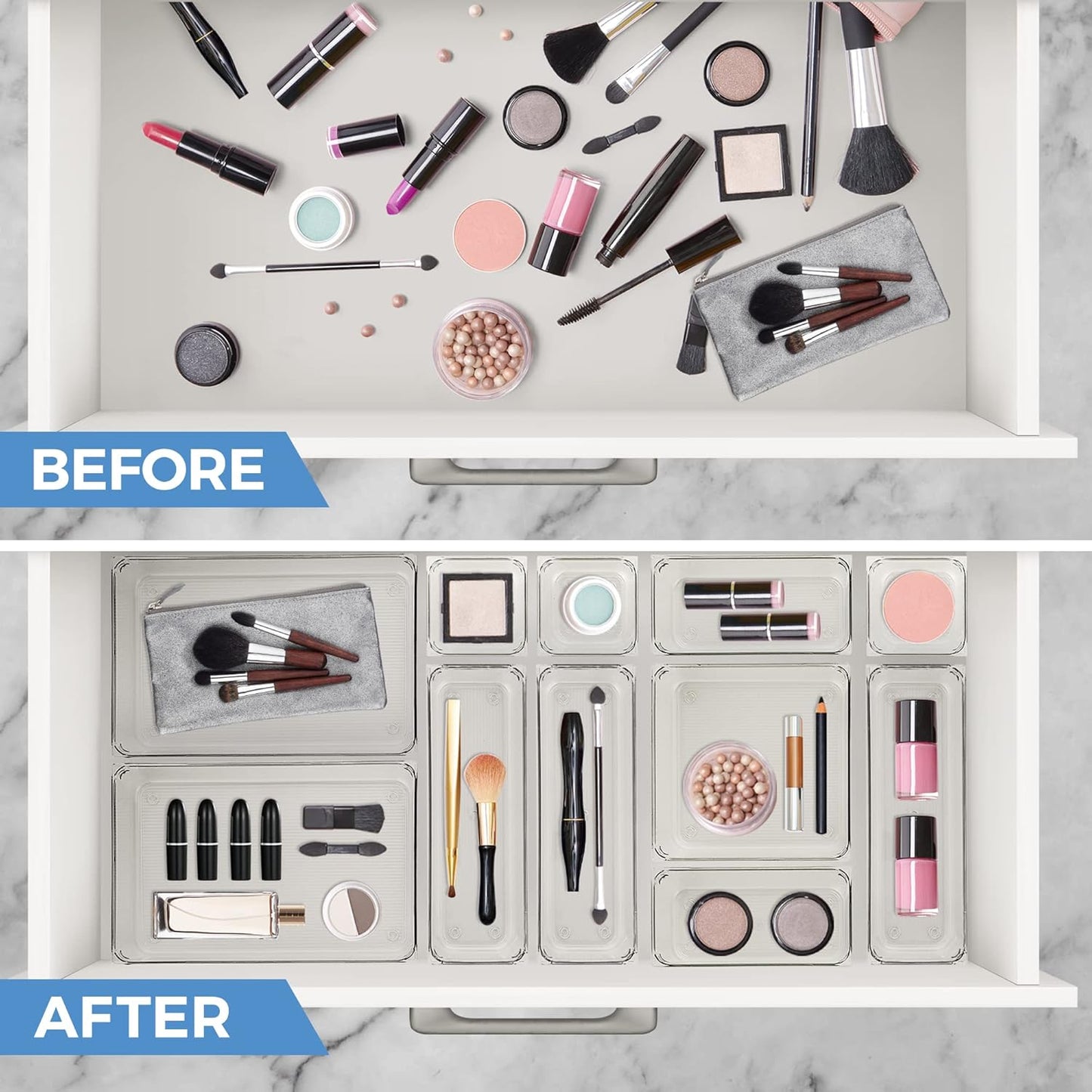 Ravinte 6 Pack Drawer Organizer - 3" X 6" Plastic Storage Bins, Acrylic Organizers with Non-Slip Pads Clear Desk Storage Tray for Makeup, Jewelries, Kitchen Utensils, Bathroom and Office