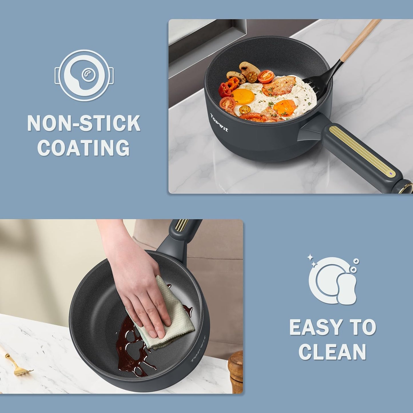 TOPWIT Hot Pot Electric, 2L Electric Pot, Non-Stick Sauté Pan, Portable Cooker for Steak, Egg, Fried Rice, Ramen, Soup with Dual Power Control (Silicone Spatula Included), Grey