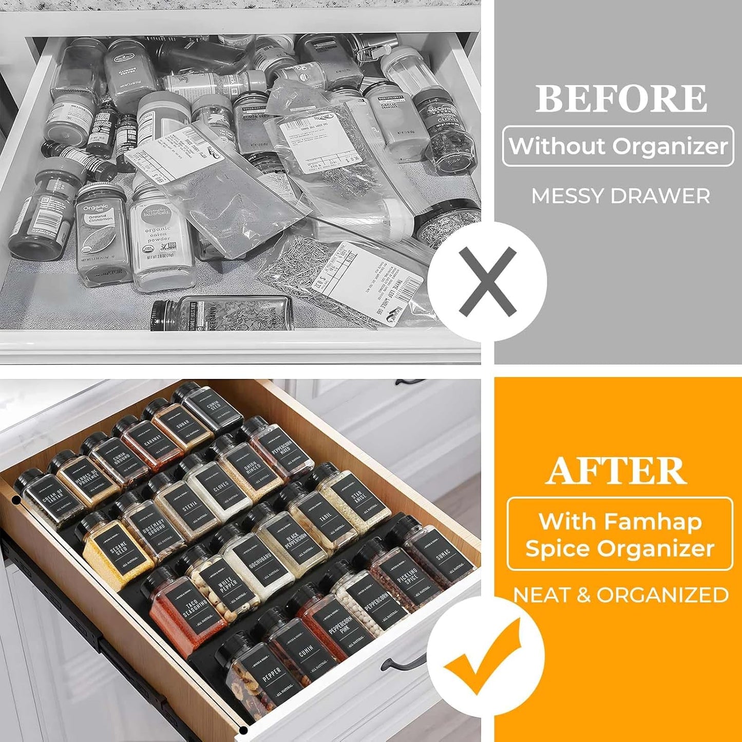 Famhap 6 Pack Spice Drawer Organizer with Labels and 36 Plastic Jars, Expandable from 11.7" to 23.2" Seasoning Rack Tray Insert for Kitchen Drawers, Spice Rack Drawer for Spice Jars