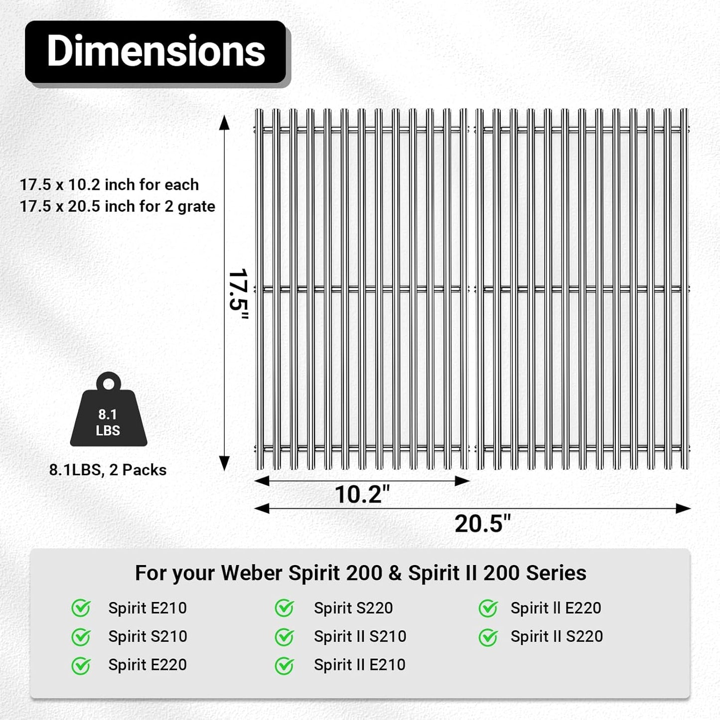 7637 Stainless Steel Grill Parts for Weber Spirit E210, 17.5 Inch Cooking Grates for Weber Spirit E210, E220, S210, S220 with Front Control, Replacement Parts for Weber Spirit 200 & GS4 Spirit II E210
