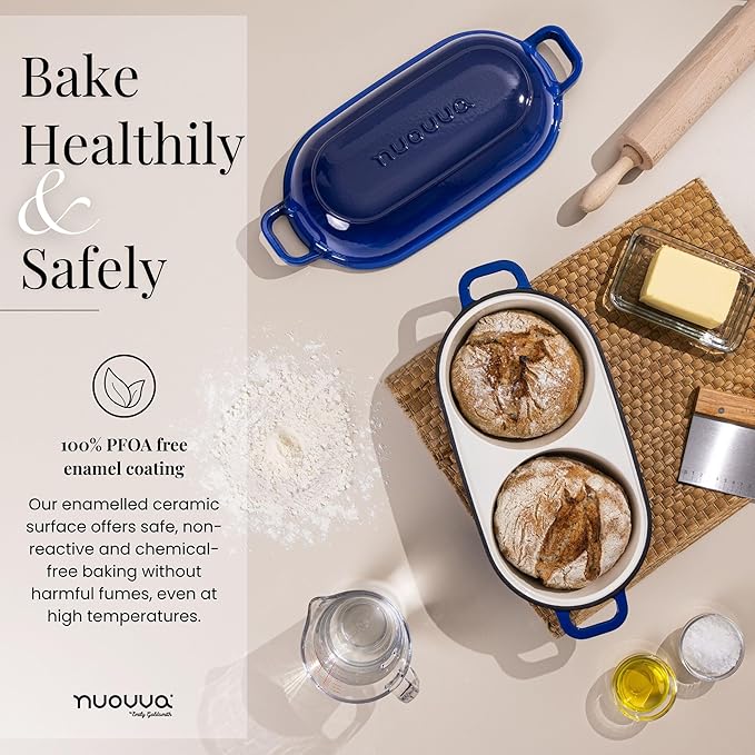 nuovva Dutch Oven For Sourdough Bread Baking – Enamelled Cast Iron Bread Loaf Pot – 500°F Oven Safe Non Stick Bread Pot – Double Round Loaf Space, 16.5cm Diameter, Dark Blue