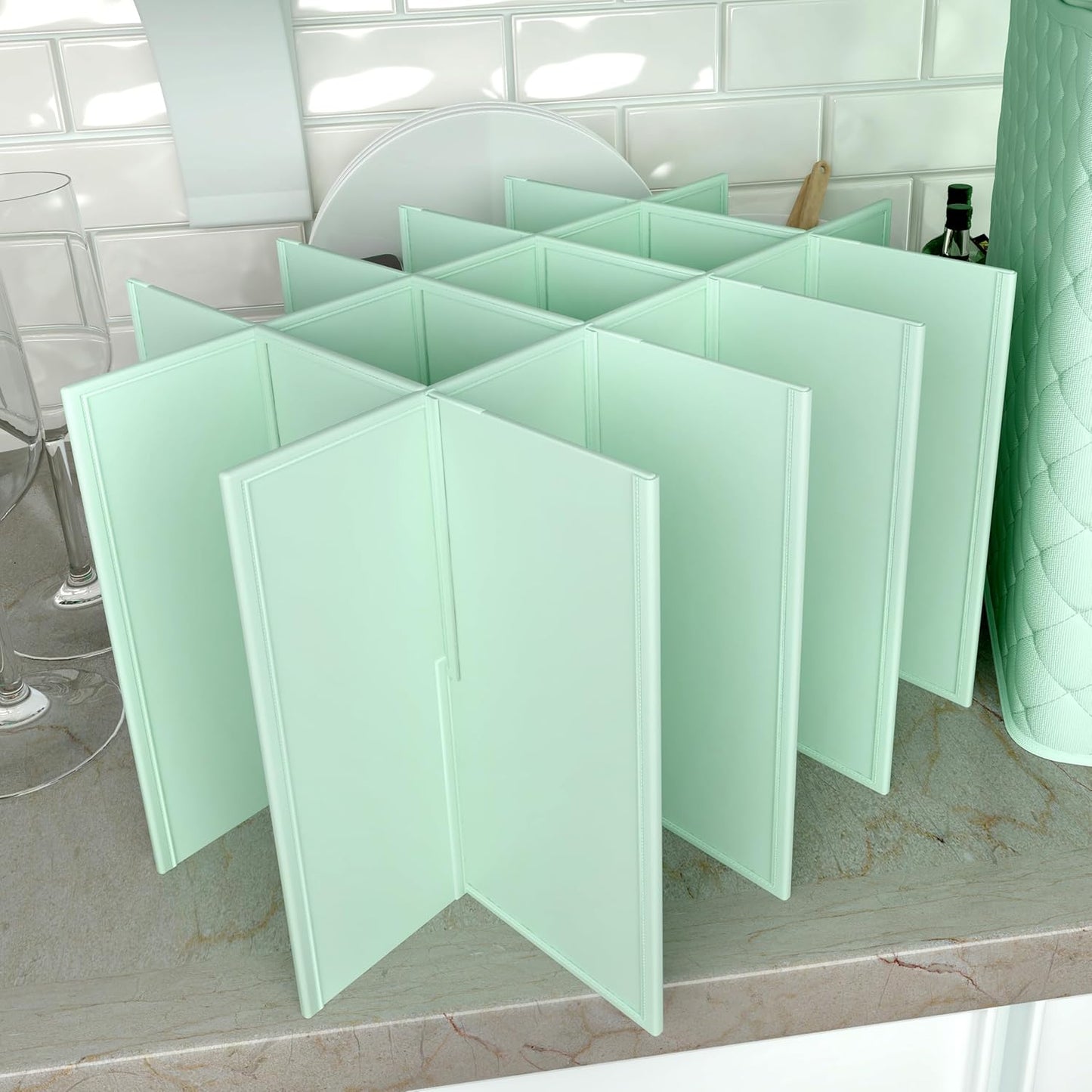 Martha Stewart Dinnerware Stemware Glassware Stackable Organizer Home Storage Container Case, Set of 2 Goblet Stemware Storage Organizers With Removable Fabric Dividers, Mint