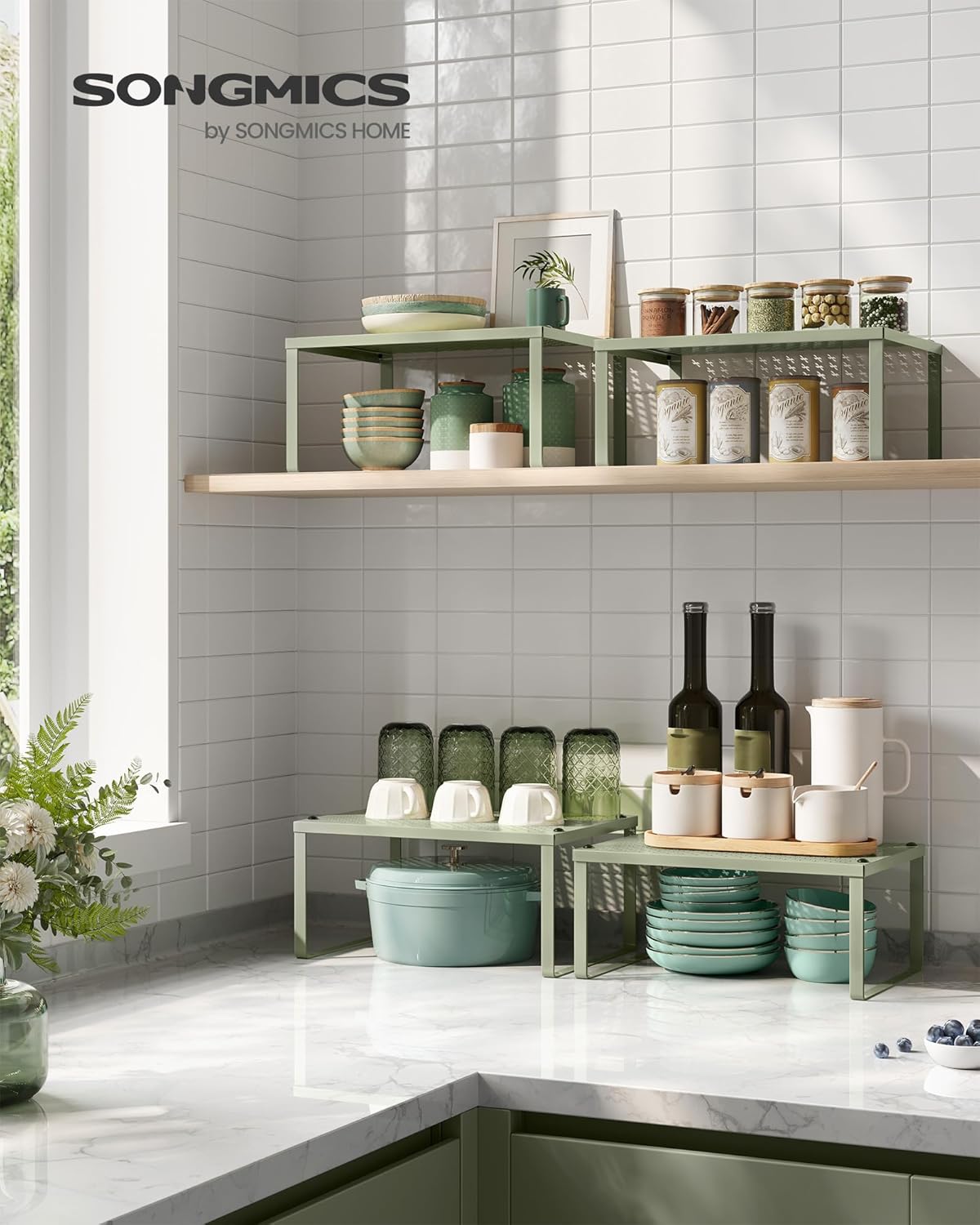 SONGMICS Spice Racks, Set of 2 Metal Cabinet Shelf Organizers, Countertop Organizers, Shelf Risers, Stackable, Expandable, Sage Green UKCS001C01